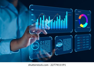 Data analyst working on business analytics dashboard with charts, metrics and KPI to analyze performance and create insight reports and strategic decisions for operations management on virtual screen.