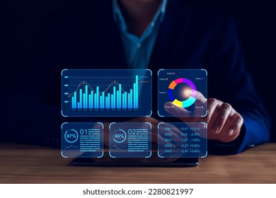 Data analyst working business analytics dashboard and charts  metrics   KPI to analyze performance   create insight reports   strategic decisions for operations management virtual screen 