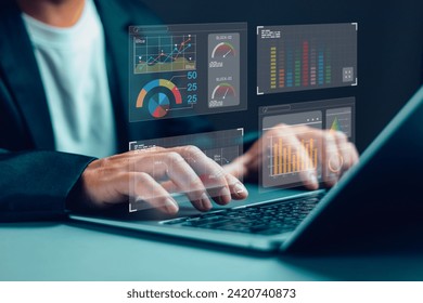 Data analyst working on computer To analyze business data with statistical graphs, organize work structures systematically for evaluating and measuring operational efficiency.