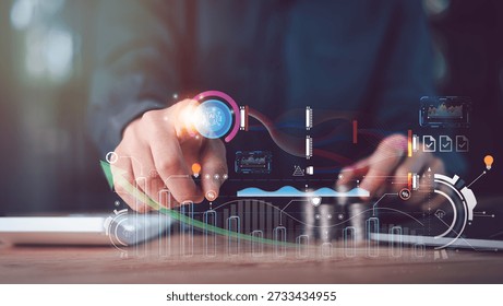 Data analysts interact with AI powered dashboards ,digital graphs, representing smart analytics, performance optimization, data driven decision making, advanced technology for modern business insights