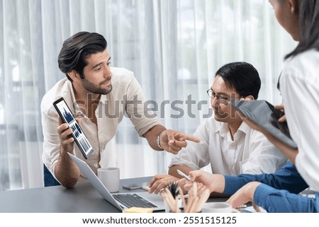 Data analysts team of office worker collaborate on business intelligence BI dashboard to analyze financial, trend, and marketing data. BI software utilization drive business success. Prudent