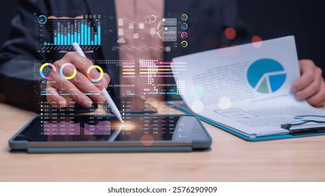 Data Analytics in Action, Professional utilizes tablet to analyze data, modern analytics methods through visual representations and charts
