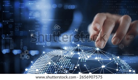 Data analytics, AI and database management technology with global internet network connection. Connecting with cloud server and data center, technology background. data science and engineering