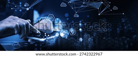 Data analytics, AI and database management, cloud computing technology. IT specilist connecting with cloud server and data center, technology background. data science and engineering, cyber security