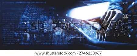Data analytics, AI and database management, cloud computing technology. IT specilist connecting with cloud server and data center, technology background. data science and engineering, cyber security