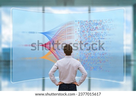 Data analytics and AI technology. Science and big data. Scientist analysing complex data set on computer. Data mining, artificial intelligence, machine learning, business, finance.