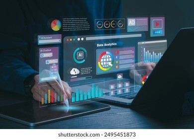 Data analytics automated with AI technology. Businessman use laptop and dashboard for Automating Data Management Analytics and Business Reports with KPI. AI chat bot. Database. Sales. Marketing. 