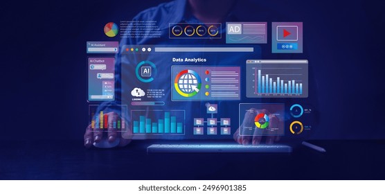 Data analytics automated with AI technology. Businessman use laptop and dashboard for Automating Data Management Analytics and Business Reports with KPI. Database. Sales. Marketing. AI chat bot.  - Powered by Shutterstock