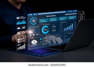 Data analytics automated with AI technology. Businessman use laptop and dashboard for Automating Data Management Analytics and Business Reports with KPI. AI chat bot. Database. Sales. Marketing. 