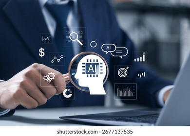 Data analytics automated with AI technology, advanced technology in analyzing graphs, business data, and market trends. Businessman using laptop with virtual icon.