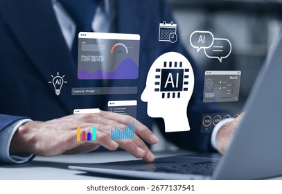 Data analytics automated with AI technology, advanced technology in analyzing graphs, business data, and market trends. Businessman using laptop with virtual icon.