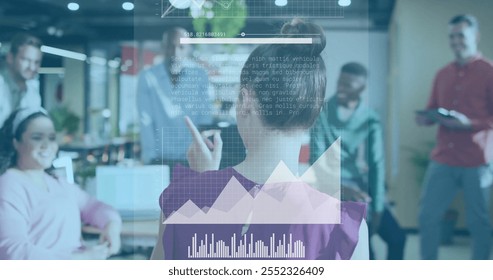 Data analytics and biometric information image over diverse business team in office. Technology, teamwork, digital, innovation, collaboration, diversity - Powered by Shutterstock