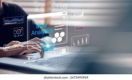 Data analytics and business intelligence dashboard with futuristic technology concept. Digital innovation showing big data visualization, performance charts, and smart solutions for modern business.