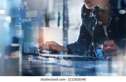 Data Analytics, Business Intelligence With Key Performance Indicators (KPI) Dashboard, Data Science Concept. Business Woman Working On Laptop Computer Analyzing Financial Graph Chart On Virtual Screen