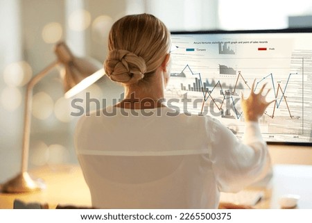 Data analytics, computer screen and woman digital review, finance and market research for business growth. Monitor, statistics and graphs of professional online worker working with financial software