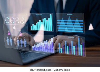 Data Analytics concept, Data Annotation, Data Analysis, Businessman use laptop analyzing data to design personalized marketing campaigns for customer engagement