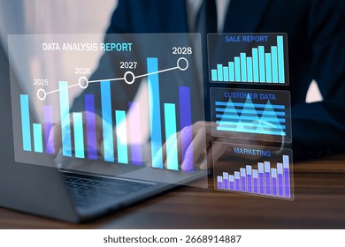 Data Analytics concept, Data Annotation, Data Analysis, Businessman use laptop analyzing data from customer feedback to improve business marketing strategies