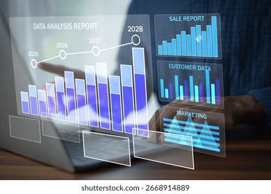 Data Analytics concept, Data Annotation, Data Analysis, Businessman use laptop analyzing data to enhance branding strategies and customer market positioning