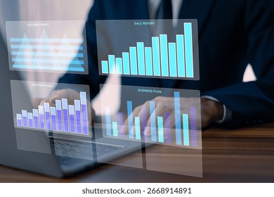 Data Analytics concept, Data Annotation, Data Analysis, Businessman use laptop analyzing data to improve customer relationship management and service quality