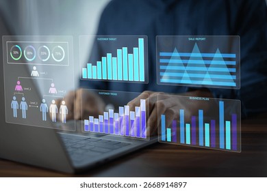 Data Analytics concept, Data Annotation, Data Analysis, Businessman use laptop analyzing data to evaluate digital marketing effectiveness and customer conversion rates