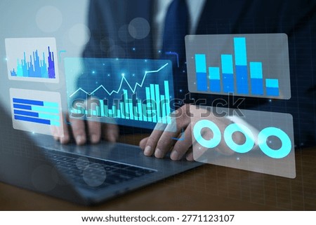 Data Analytics concept, Data Annotation, Data Analysis, Smile businessman use laptop analyzing data for competitor benchmarking and market positioning