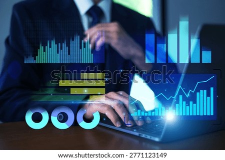 Data Analytics concept, Data Annotation, Data Analysis, Smile businessman use laptop analyzing data for competitor benchmarking and market positioning