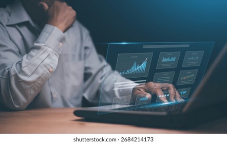 Data analytics concept. Businessman using laptop with virtual dashboard. Representing financial growth, business intelligence, digital strategy and technology for corporate decision making.