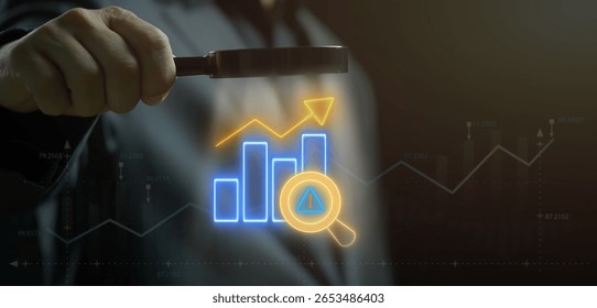 Data Analytics concept, infographic dashboard showing KPIs, performance metrics, and business insights from large data sets. Businessman shows risk analysis icon on virtual screen.