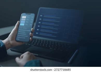 Data analytics concept with smartphone dashboard and laptop screen, showing business insights, performance metrics, KPI visualization, and digital reporting for strategic decision making. - Powered by Shutterstock - Get 15% off with code: PIKWIZARD15