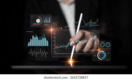 Data analytics dashboard with charts, indicators, and performance metrics, reveals trends, data analytics drives growth, supports insight, and data analytics improves decisions. Latch