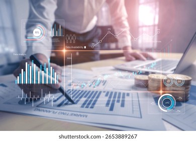 Data analytics dashboard with charts, indicators, and performance metrics, reveals trends, data analytics drives growth, supports insight, and data analytics improves decisions. Vouch