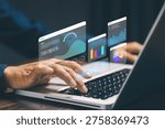 Data analytics dashboard concept with business person using laptop, showing charts, graphs, and performance metrics for business intelligence and data driven decision making.