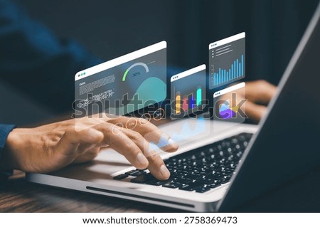 Data analytics dashboard concept with business person using laptop, showing charts, graphs, and performance metrics for business intelligence and data driven decision making.