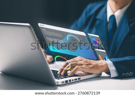 Data analytics dashboard concept with business statistics visualization, performance metrics, financial report, KPI analysis, digital marketing insights and real time data monitoring system.