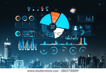 Data analytics dashboard with glowing infographic style over a dark cityscape background, concept of modern digital visualization