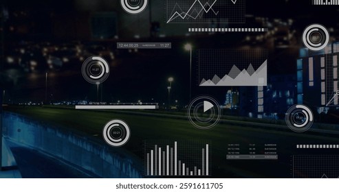 Data analytics and graphs image over city traffic at night. technology, digital, innovation, urban, cityscape, visualization