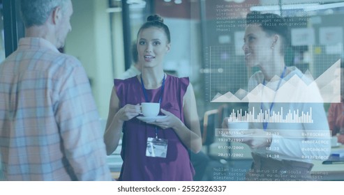 Data analytics image over diverse business people having conversation. teamwork, technology, corporate, collaboration, innovation, analysis