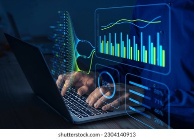 Data analytics and insights powered by big data and artificial intelligence technologies. Data scientist working with complex information analysed by AI for business analytics dashboard with charts.