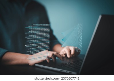 Data analytics and insights powered by AI and big data technologies. Businessman analyzing binary complex information with artificial intelligence for business analytics dashboard charts and metrics.