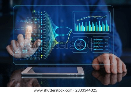 Data analytics and insights powered by big data and AI technologies. Data scientist analysing complex information with artificial intelligence for business analytics dashboard with charts and metrics.