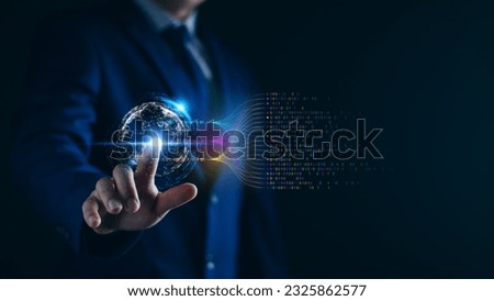 Data analytics and insights powered by big data and AI technologies. Data businessman analysing complex information with artificial intelligence for business analytics dashboard charts and metrics.