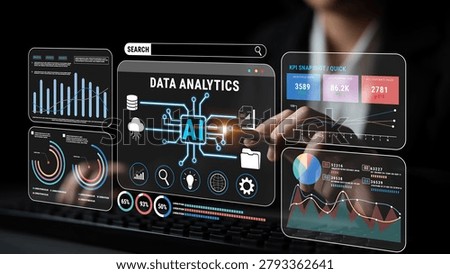Data Analytics Interface with Artificial Intelligence Visuals and Graphs, Businessman Interacting with Digital Charts and Metrics for Advanced Data Interpretation
