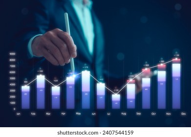 Data Analytics and Data Management Systems and Metrics connected to corporate strategy database for Finance, Intelligence, Business Analytics businessman pointing to virtual graph screen