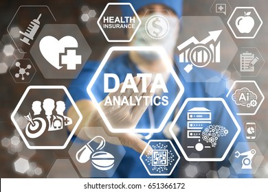 Data Analytics Medicine Concept. Health Care Information Innovative Technologies Analysis. Doctor Pressing Data Analytics Button On Virtual Touch Screen.