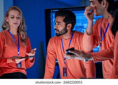 A data analytics team in a command center reviews a live security feed on a mobile device. They are collaborating on a strategy to respond to a new threat on the network.