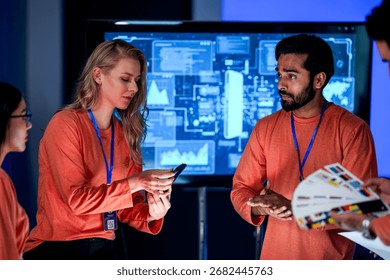 A data analytics team in a command center reviews a live security feed on a mobile device. They are collaborating on a strategy to respond to a new threat on the network. - Powered by Shutterstock - Get 15% off with code: PIKWIZARD15