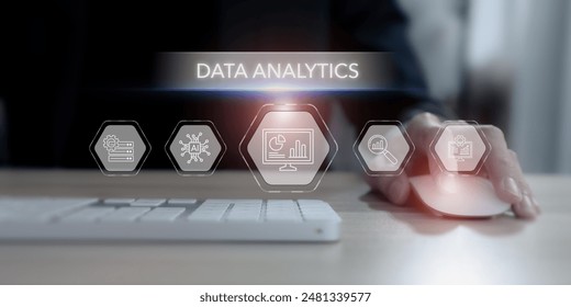 Data analytics visualization concept. A professional uses a computer representing data analytics, AI, and various data management tools. Integrating technology in data analysis and decision-making.
