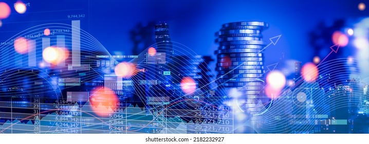 Data Analytics,economic Growth And Business Concept.Investment Graph And Rows Growth Of Coins On City Background Of Blue Color Tone,stock Market And Data,economic Growth On Global Business Network