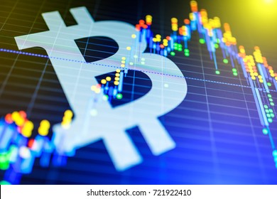 Data analyzing in exchange stock market: the candle chars on display. Analytics price change cryptocurrency BTC to USD (Bitcoin / US Dollar), the most popular pair in the world. Big Bitcoin logo.