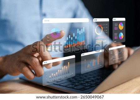 Data analyzing and stock market visualization with digital charts, financial dashboards, and performance metrics. Ideal for investment analysis, trading strategy, and economic forecasting.